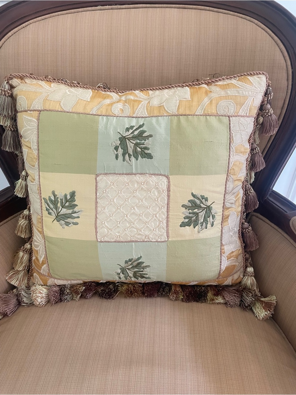 15” square  Green and Gold Embroidered Throw Pillow with tassels trim, zipper